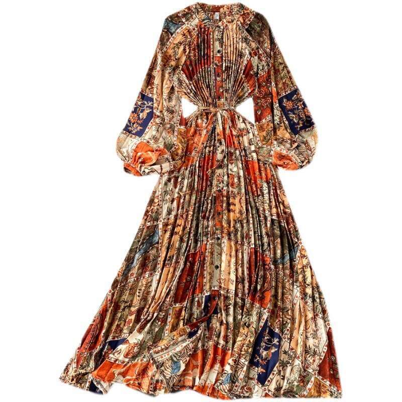 French Long Sleeved Shirt Dress with Temperament, Waist Cinching, Heavy Wrinkling, Elegant Printing, Socialite Vacation Skirt Loose Bifurcated High Wa