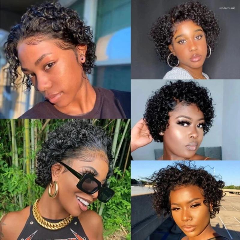 Pixie Cut Wig Water Wave Lace Front Human Hair Wigs Glueless Short Curly Transparent Preplucked Hairline