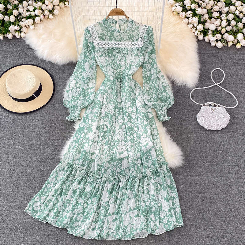 Spring and Autumn French Grand Swing Long Super Fairy Fragrant Flower Skirt Lantern Sleeve High Waist Look Skinny Lotus Leaf Edge Stand Up Collar Dres