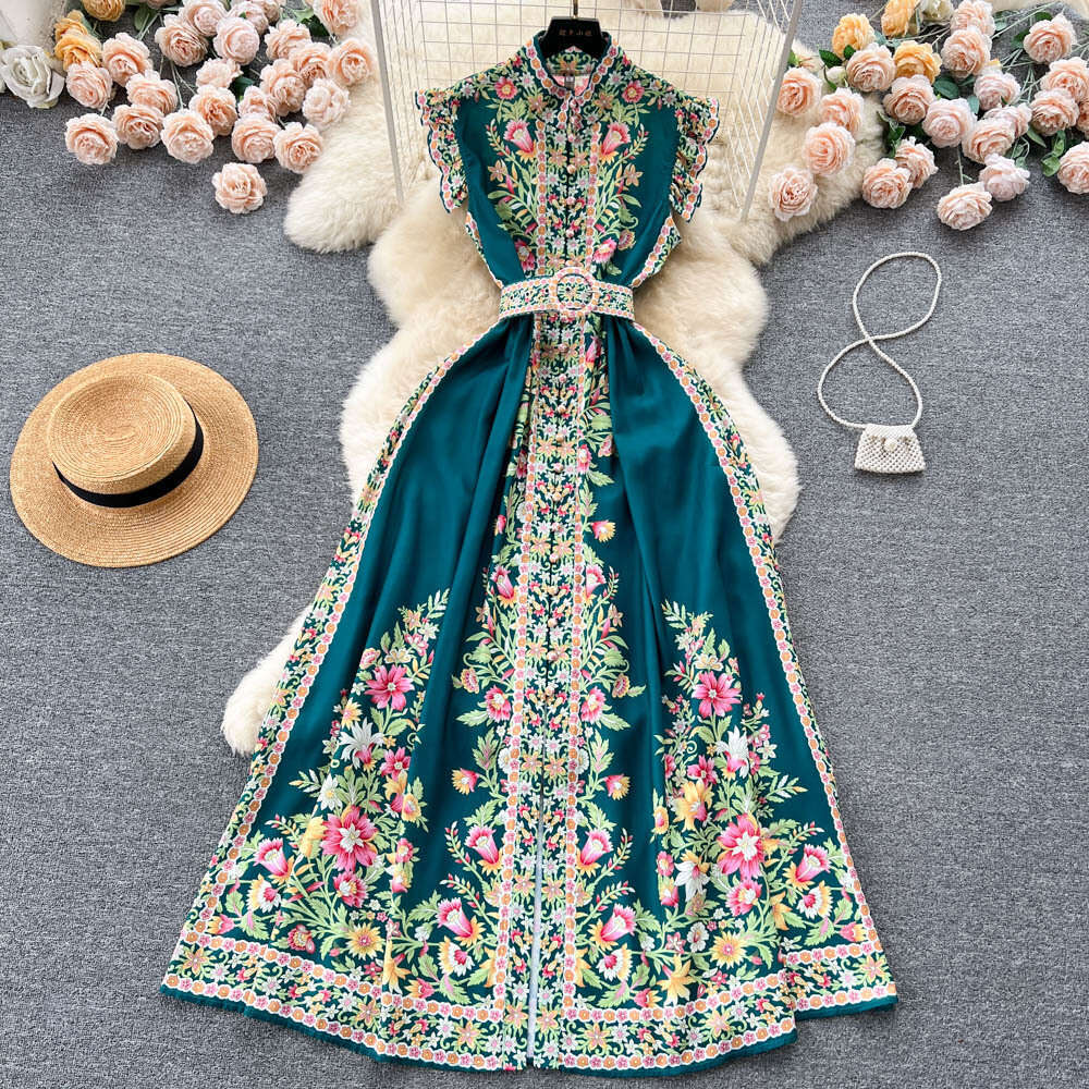 Fashionable and High-end Style Printed Dress for Womens Summer Stand Up Collar, Single Breasted, Waist Cinched, Small Flying Sleeves, Large Hem Long S