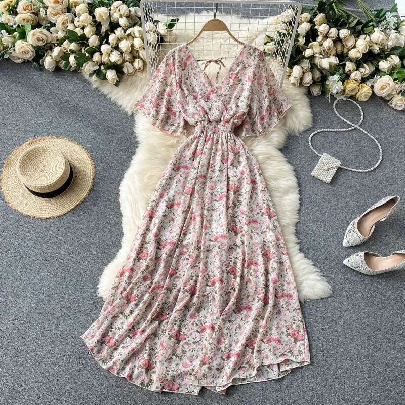 Vacation Dress Summer 2024 New Sexy V-neck Waist Slim and Long Chiffon Flower Beach Skirt Loose Short Sexy Self-cultivation Lace Dress Oversize Dress