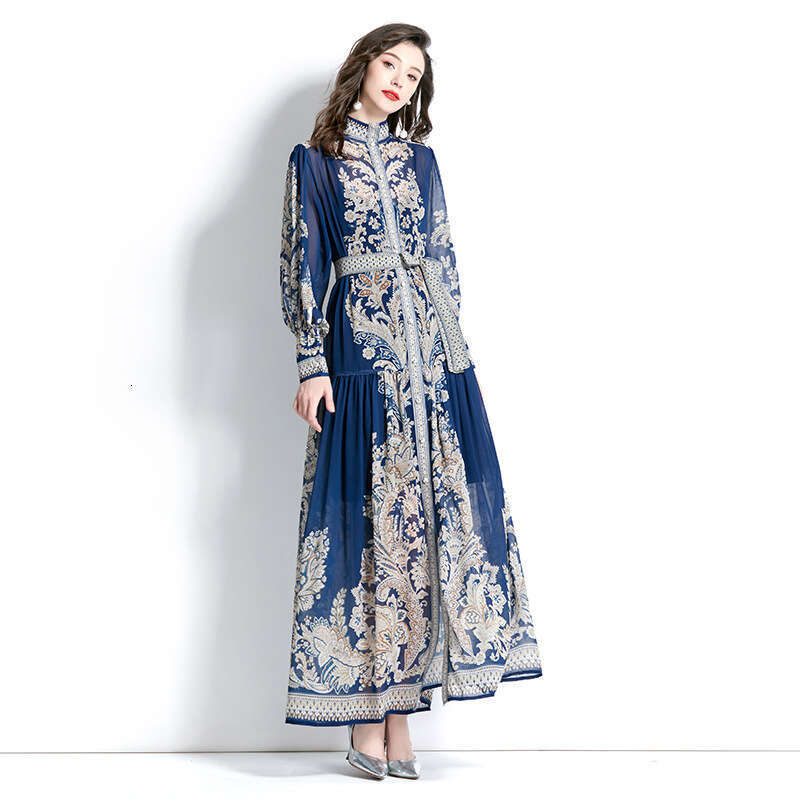2023 Spring Long Sleeved Vacation Style Stand Up Neck Lantern Sleeves Wave Edge Printed Temperament Dress Sexy Dress Sexy Temperament Waist Oversize D