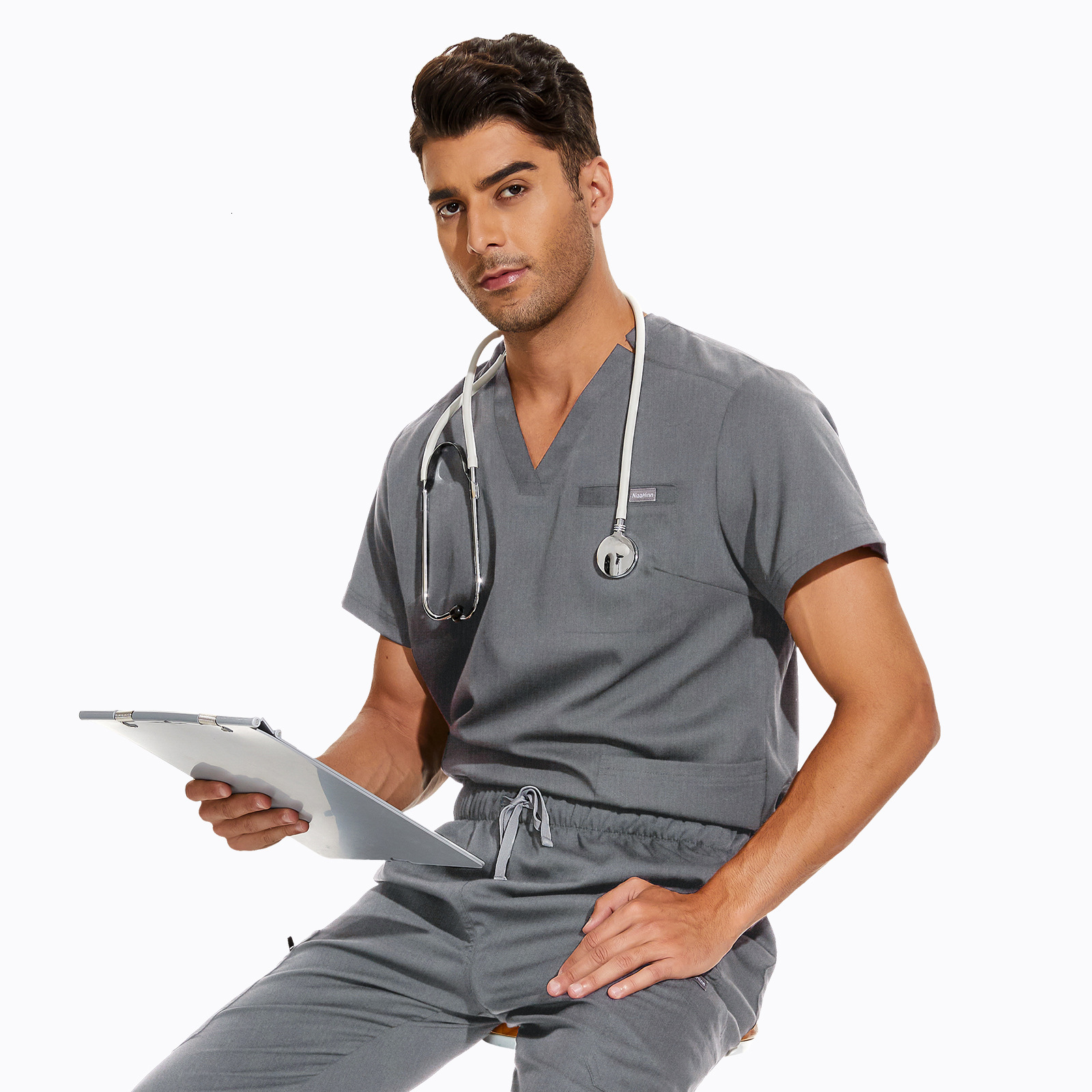 Large size V-neck hospital nurse uniform set for women's Korean version hand sanitizer short sleeved unisex doctor F717#38 ddmymarket