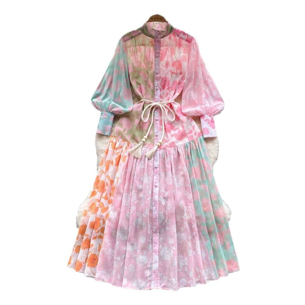 Spring/summer Thin French Luxury Stand Up Neck Single Breasted Lantern Long Sleeve Lace Up Waist Print Dress Sexy Bifurcated Waist Short Pregnant Wome