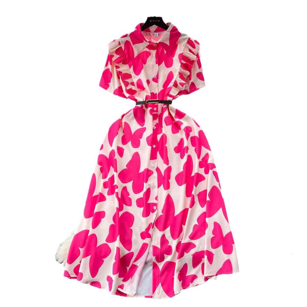 Light Mature Style, Niche Womens Clothing, Dress, Summer New Design, Wooden Ear Edge, Waist Cinching Print, Elegant Long Skirt Sexy Short Oversize Dre