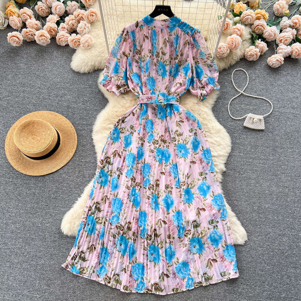 Summer New Sweet Print Round Neck Short Sleeved Dressed Waist for Slim Appearance with Wooden Ear Edge Wrinkles and Large Beach Display Waist SKINNY D