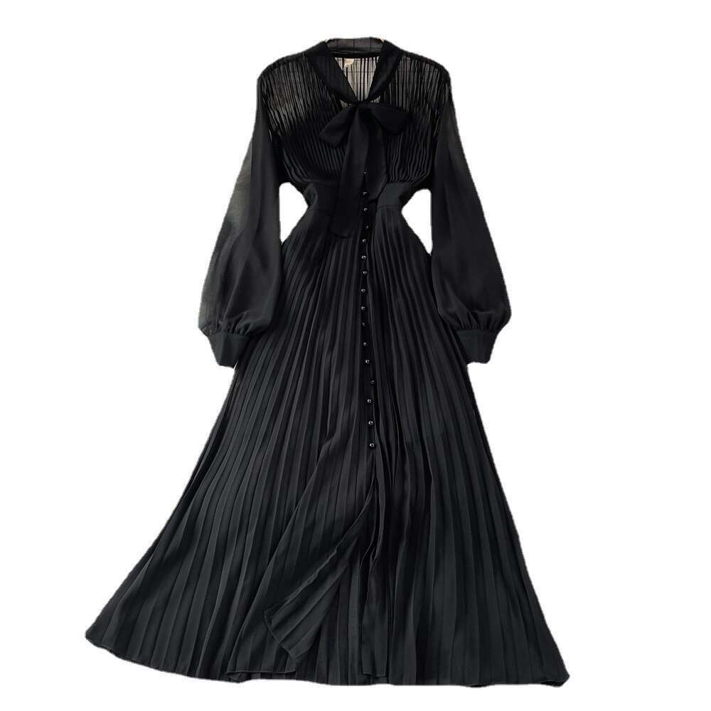 Light Luxury Temperament Bow Tie V-neck Waist Single Breasted A-line Pleated Dress Elegant Large Hem Long Skirt Self-cultivation Oversize Dress High W