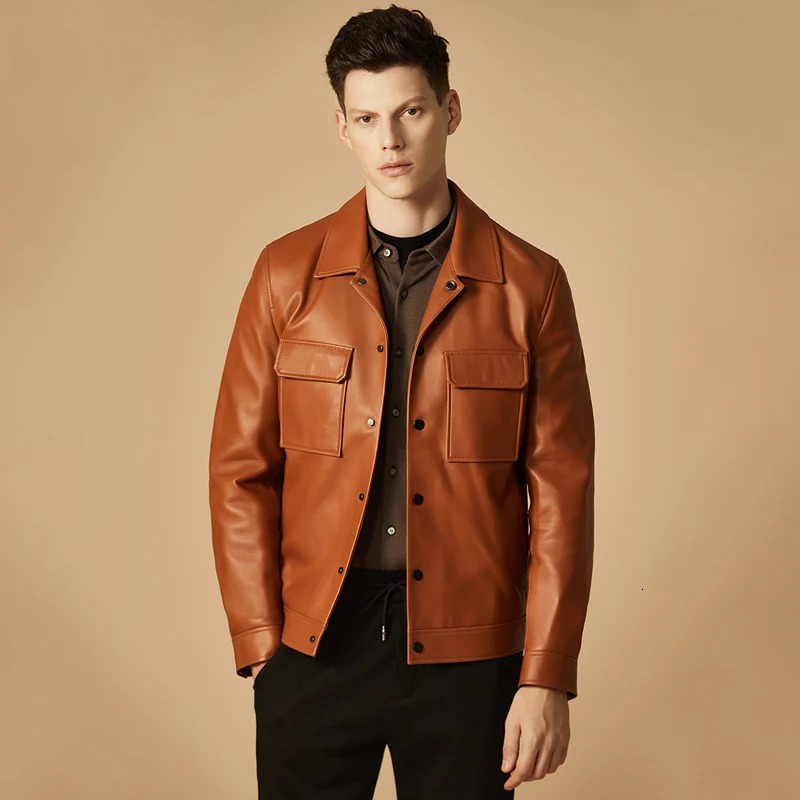 Brown leather jacket for men British fashion autumn product sheepskin jacket high-quality customized cowhide jacket coat 240716