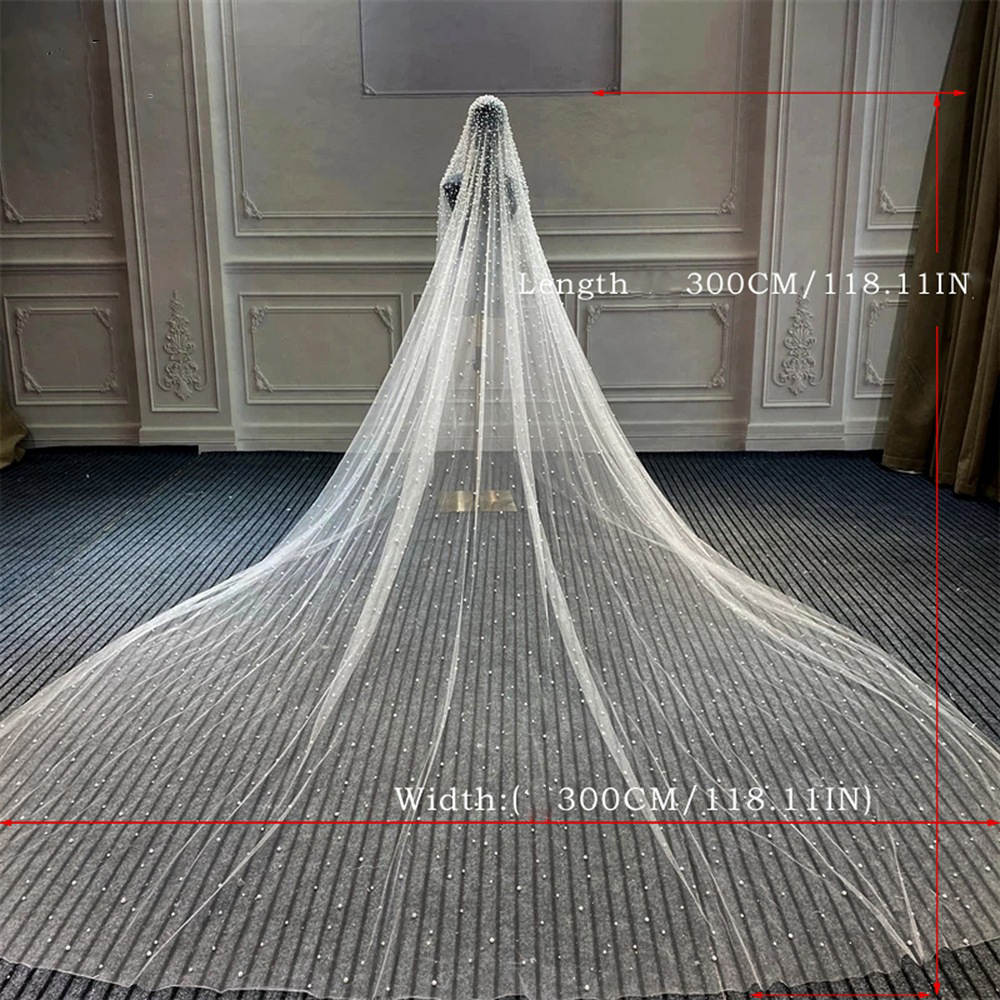 Gorgeous Wedding Veil More Pearls Beaded 3M Long Special Cut Cathedral Royal Bridal Veil with Comb Veil White Ivory Wedding Accessories