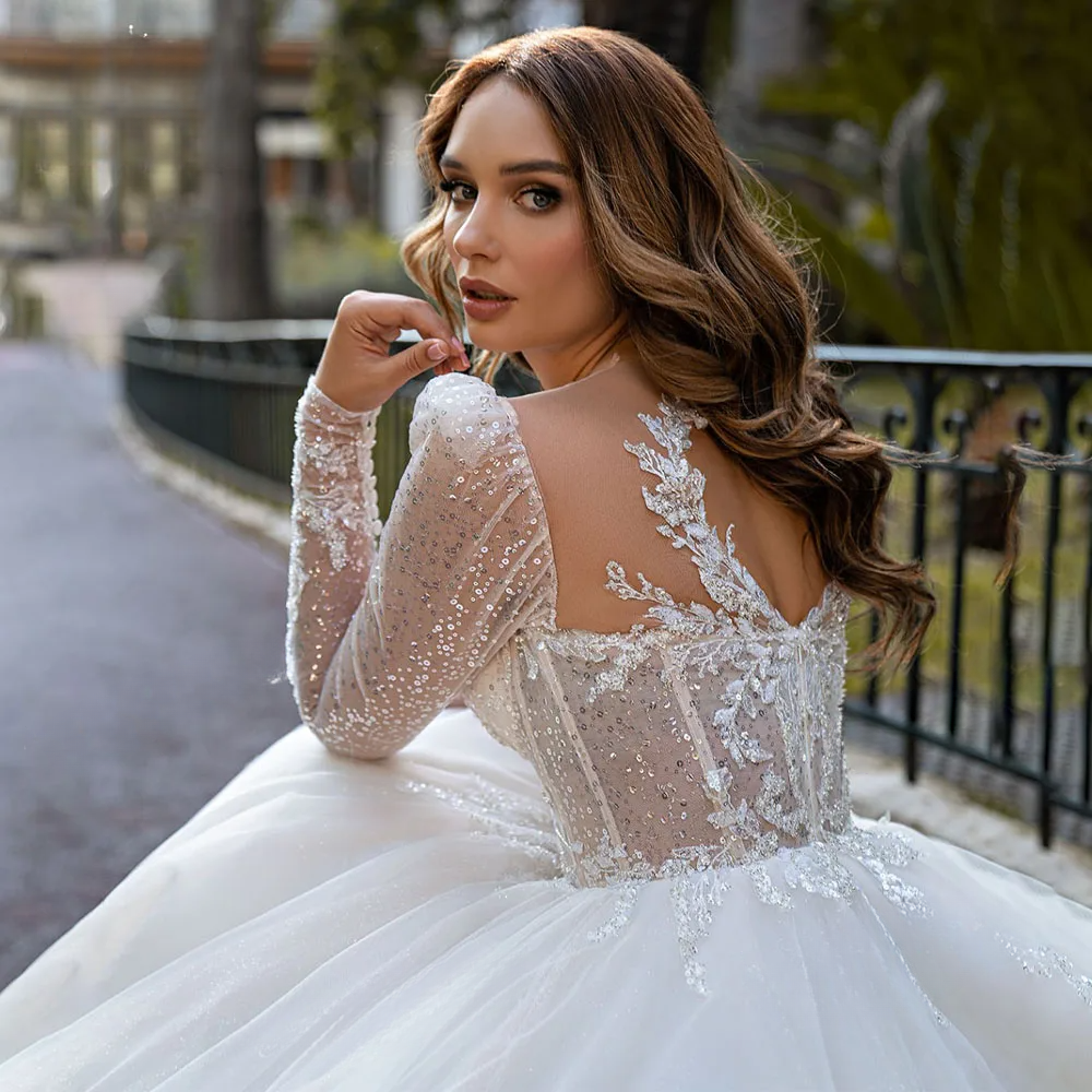 Sweetheart Shiny Wedding Dress 2024 Long Sleeve Beading A-e Court Train Princess Vestido De Novia SwanSarah Bride Gown