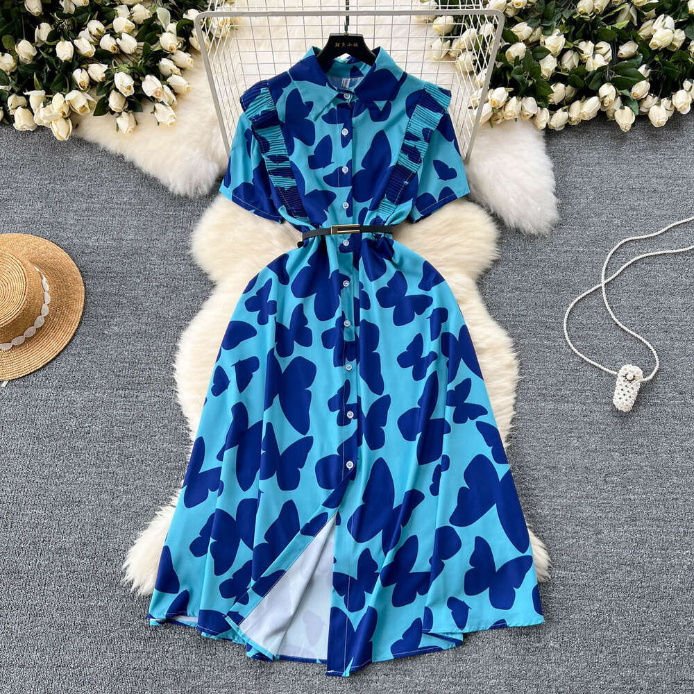 Light Mature Style, Niche Womens Clothing, Dress, Summer New Design, Wooden Ear Edge, Waist Cinching Print, Elegant Long Skirt Sexy Short Oversize Dre
