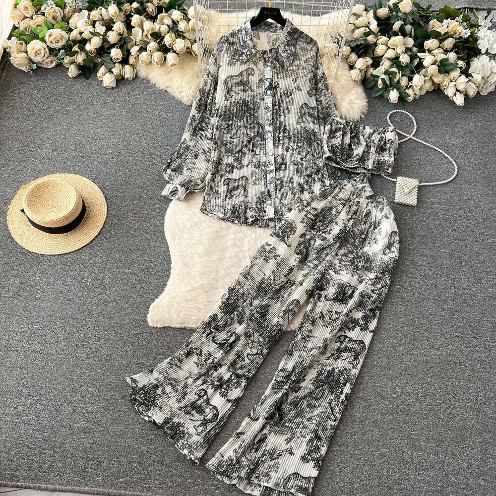 Dopamine Sister Pure Desire Fashion Set Women's Spring/summer Loose Pleated Shirt+bra+draping High Waist Pants Long Summer Dress Novelty Waist Ov