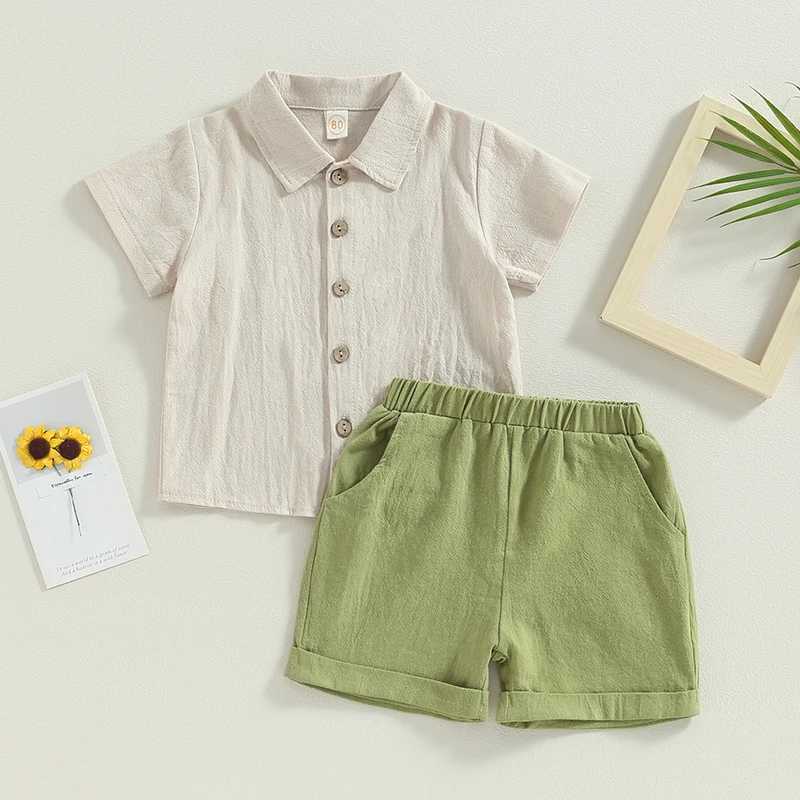 Clothing Sets Kids Boys Summer Outfits Solid Color Turn-Down Collar Short Sleeve Shirts + Elastic Waist Shorts 2Pcs Children Clothes Set