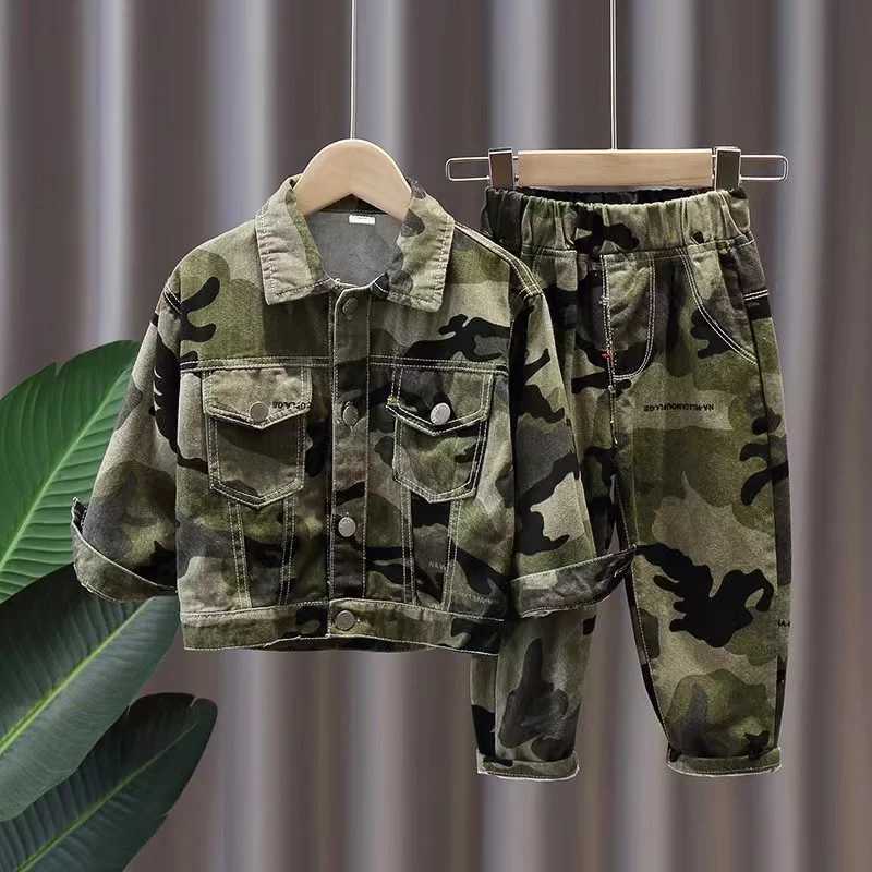 Clothing Sets Boys Spring and Autumn Cowboy Set 2024 New Boys Camouflage Clothing Small and Medium sized Cowboy Two Piece Set Kids Outfits