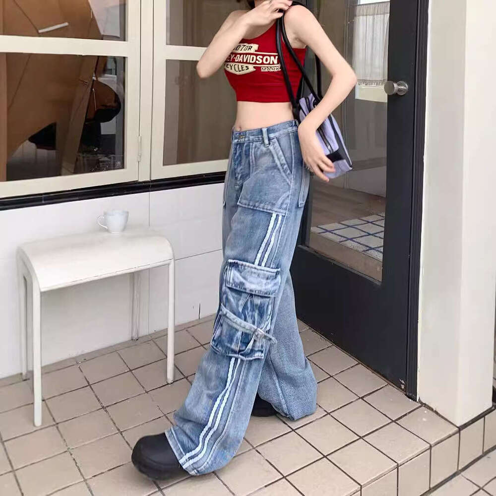 Washed Sports and Casual Wide Leg Three Bar Workwear Jeans for Women with A Slimming Design, Long Pants Super Elasticity Nine Points Military Pants fo