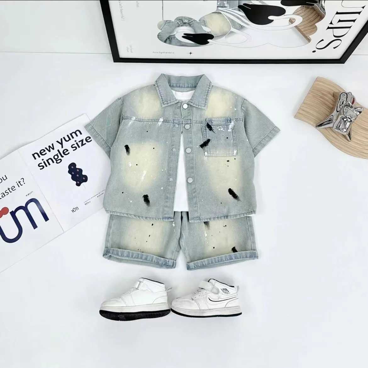 Clothing Sets Kid Thin Clothes Boys Summer Set 2024 New Girls Splashing Ink Washing Soft Denim Short Sleeved Shirt and Shorts 2pcs 2-7Y