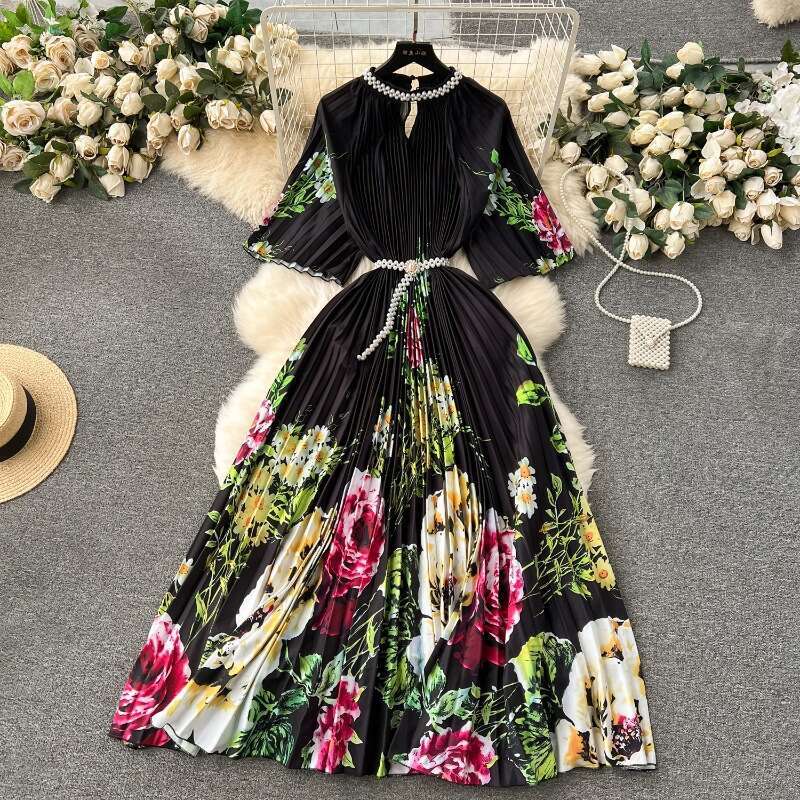 European Oversized Womens Clothing, High-end Printing, Heavy-duty Beaded Long Dress, Pleated Skirt, Temperament Dress for Women Waist Denim Dress SKIN