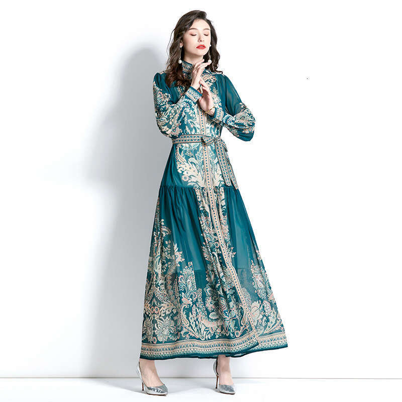 2023 Spring Long Sleeved Vacation Style Stand Up Neck Lantern Sleeves Wave Edge Printed Temperament Dress Loose Pregnant Womens Dress Round Neck Dress