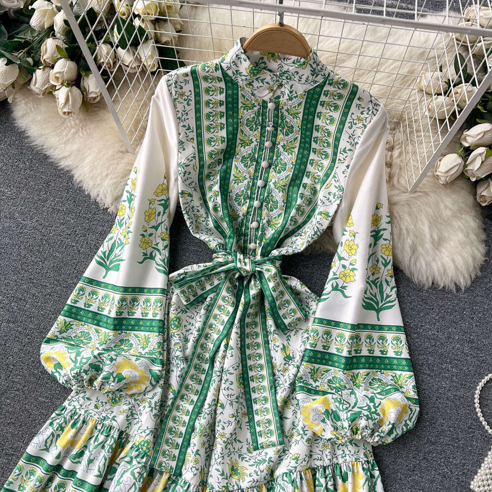 Spring Clothing New Printed Fashionable Ruffle Edge for Women with Waist Cinching and Straps, Large Swing Long Skirt Dress Temperament Silk Dress Lace