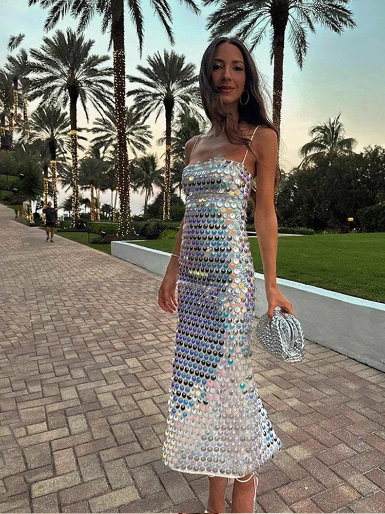 Sequined Tube Top Strap Dress Women Sexy Sleeveless Slim Solid Straight Long Vestidos Fashion Backless Slip Split Evening Robe 240716