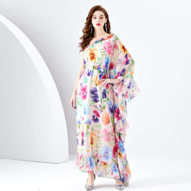 Spring/summer 2024- Vacation Style One Shoulder Wooden Ear Strap Long Wide Swing Printed Dress Bifurcated Sexy Self-cultivation Round Neck Dress Lace 