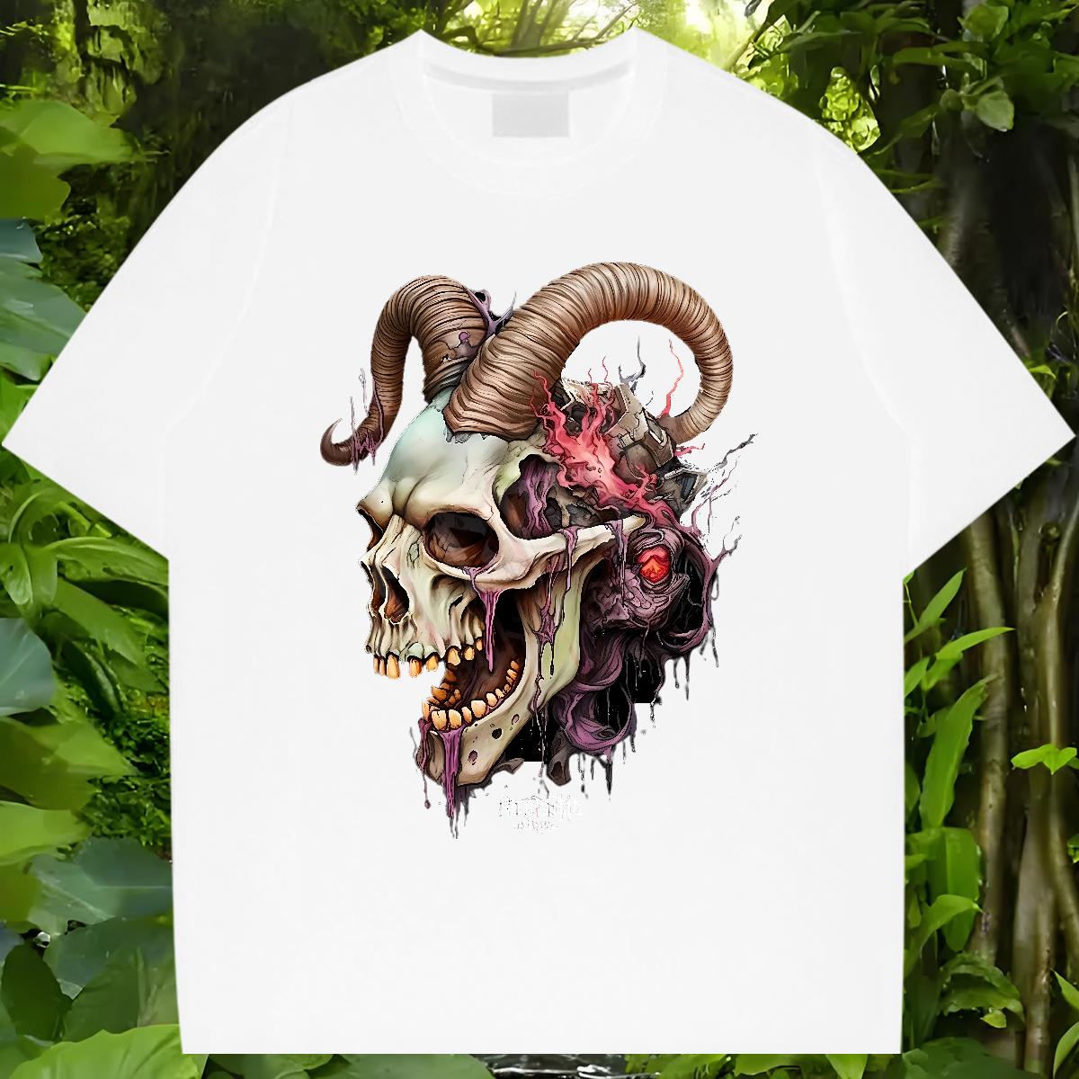 Classic T-Shirts for Men Skeleton 230g 100% Cotton Anime Print Men Tees Casual Short Sleeve Cotton O-Neck 5A Tops Shirt