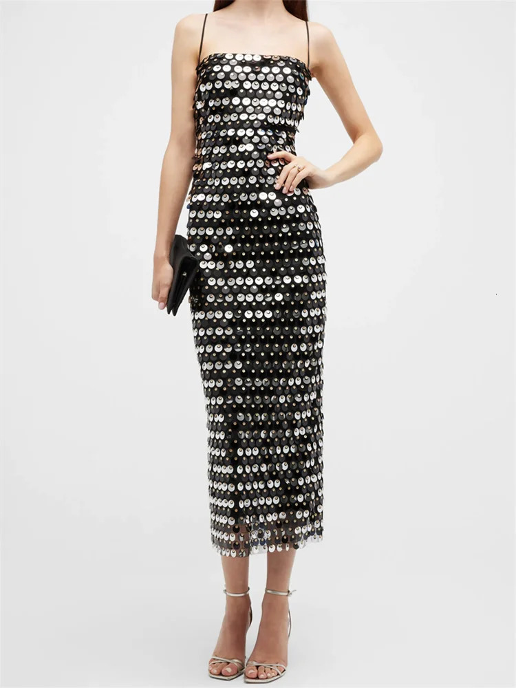 Women Sequins Midi Dress Spaghetti Strap Sleeveless Bodycon Split Dress Summer Cocktail Party Club Sexy Chic Dresses Clothes 240716