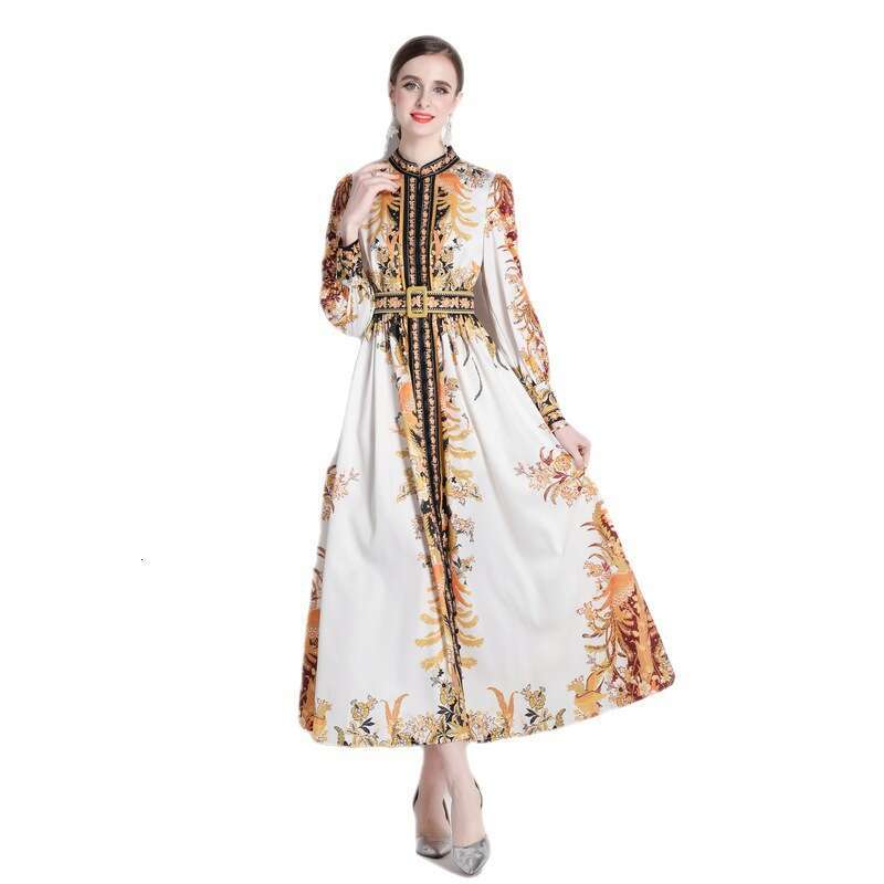 Womens Early Spring 2023 New Palace Style Standing Collar Dress with Button Design and Printed Long Skirt Bifurcated Oversize Dress Round Neck Dress