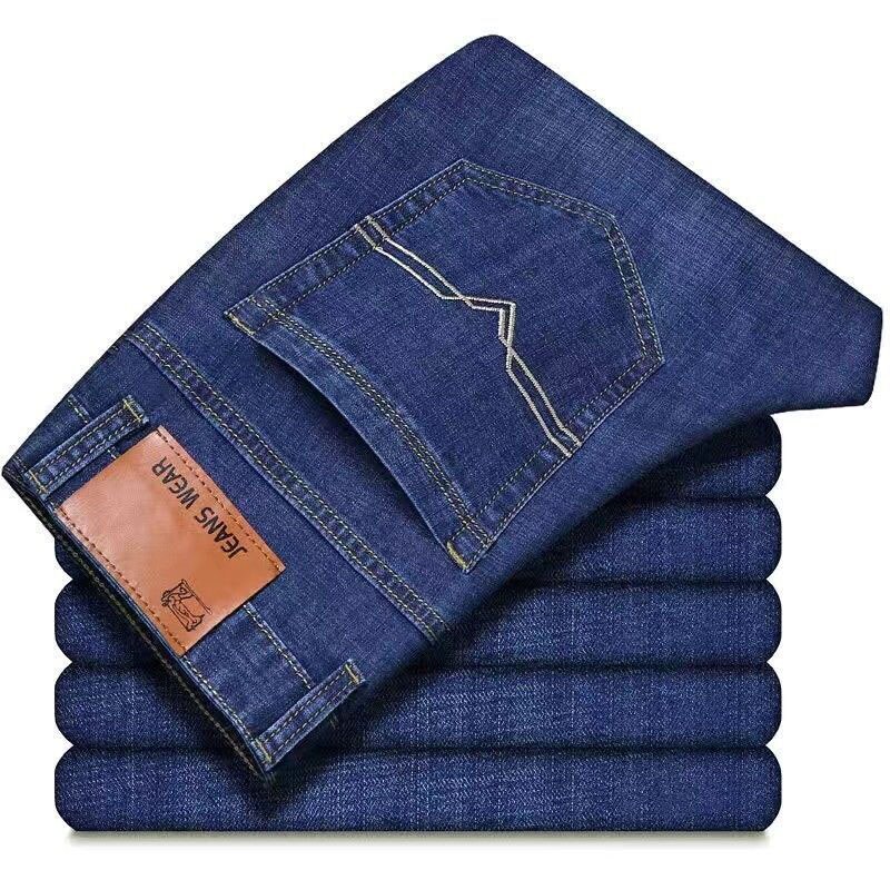 Kuming Jeans Men's Summer Thin High Waist Elastic Denim Loose Straight Size 28-40 Casual Pants