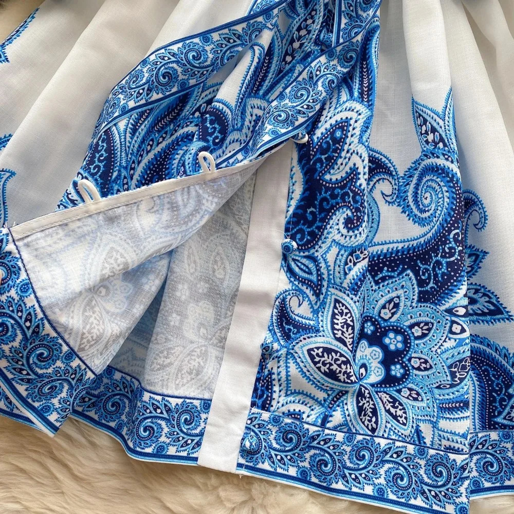 Vintage Print Elegant Puff Sleeve Aline Vneck Mini Dress Casual Women Fashion Autumn Spring 240715