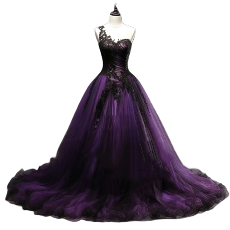 One Shoulder Gothic Wedding Dresses Sleeveless Black And Purple Long Ball Gown Bridal Dress Lace Appliques Back Lace-Up Pleats Tulle Vestido De Novia 