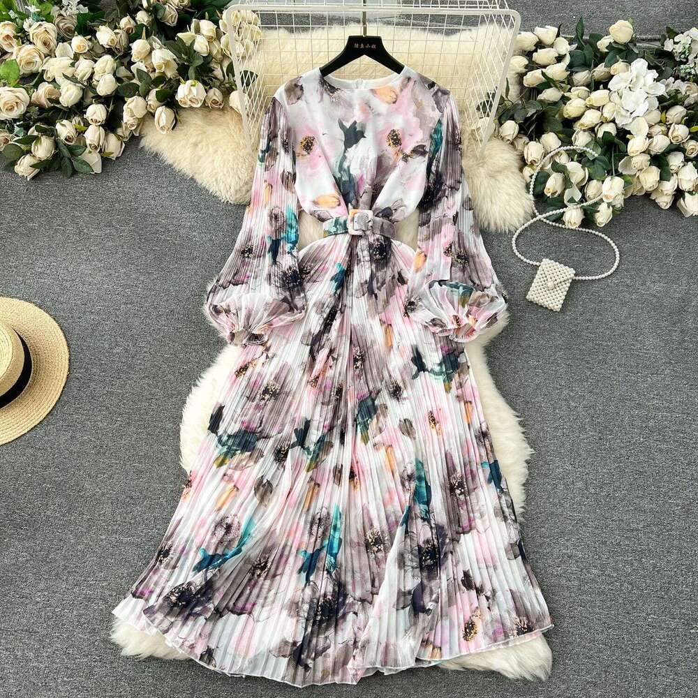 French Kikyu Skirt Spring 2024 New Heavy Industry Pressed Bubble Sleeves Slim Fit Mid Length Hundred Pleated Chiffon Dress Bifurcated Waist Denim Dres