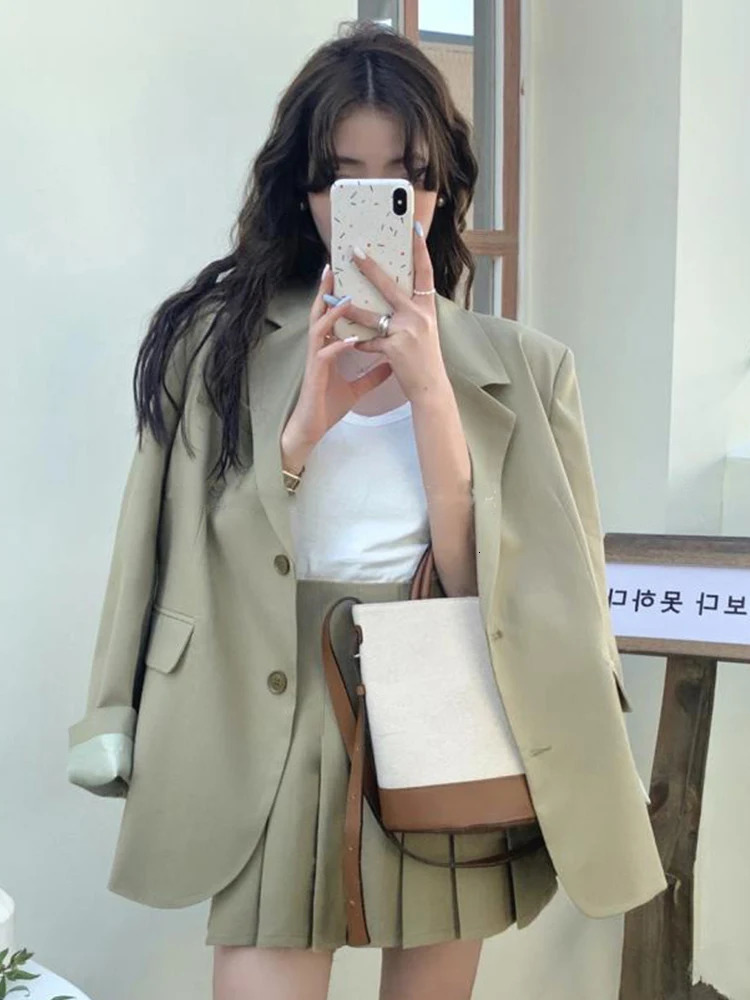 Fashion Spring Autumn 2 Pieces Outfits Suits Women Ladies Clothes Preppy Style Tops Coat Blazer Suit And Pleated Mini Skirt Set 240712