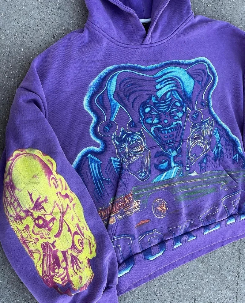 Fashion Purple Casual Clothing Men Cartoon Printed Oversized Hoodie Men Y2K Harajuku High Street Loose Pullover Women 240708