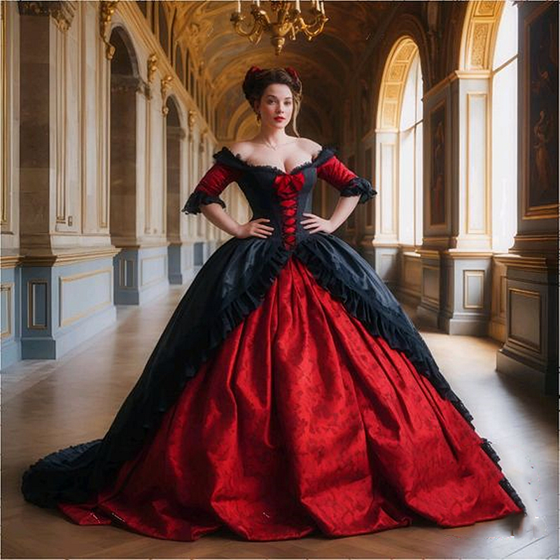 Black And Red Gothic Wedding Dresses Lace-Up Corset Princess Vintage Bridal Gowns Half Sleeves Ruffles Satin Ball Gown Vestido de Novia