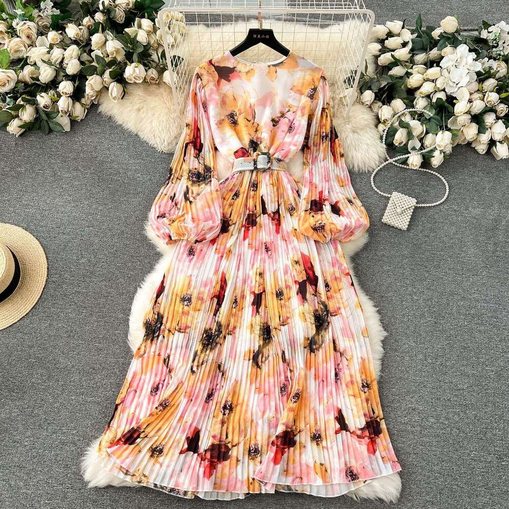 French Kikyu Skirt Spring 2024 New Heavy Industry Pressed Bubble Sleeves Slim Fit Mid Length Hundred Pleated Chiffon Dress Bifurcated Waist Denim Dres