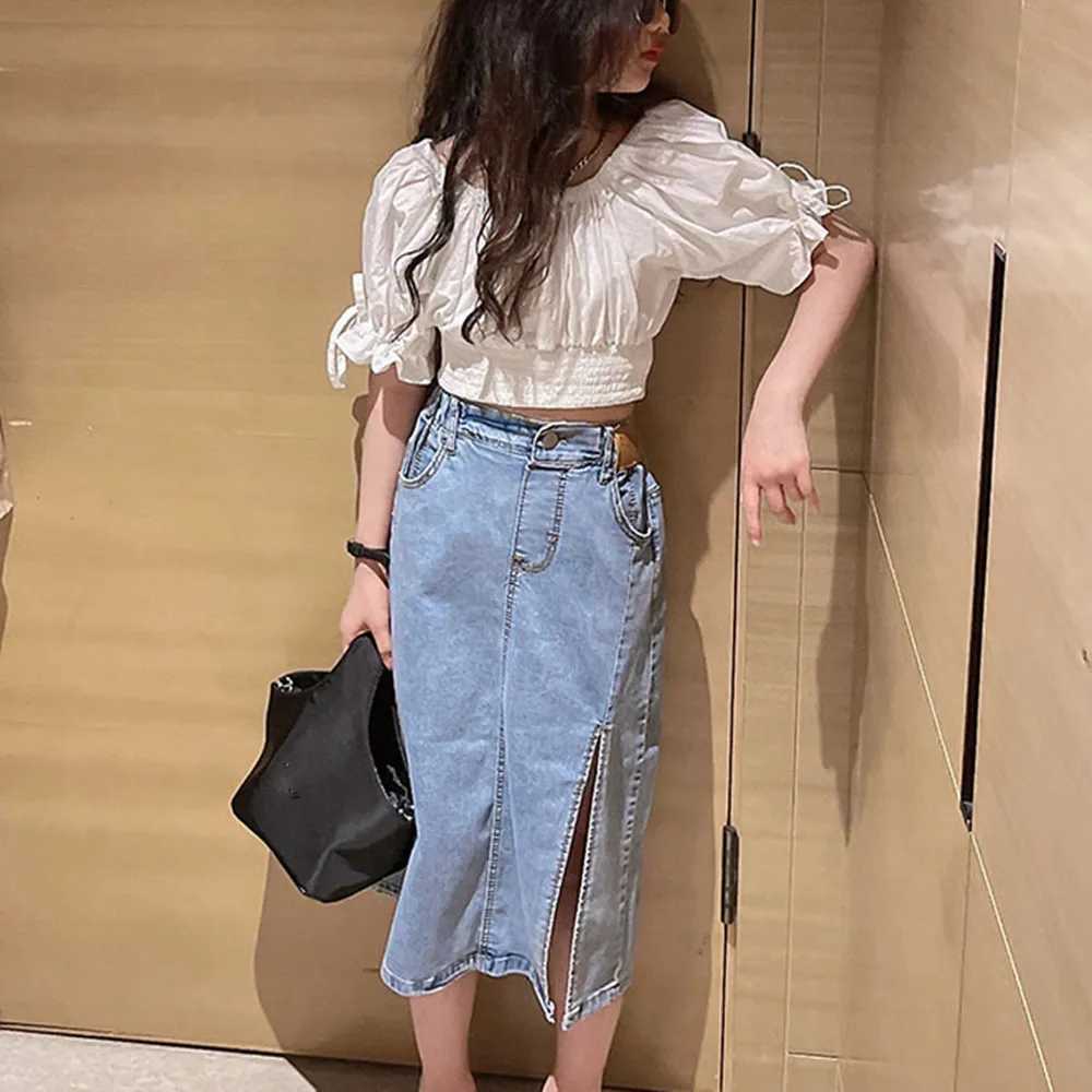 Clothing Sets Clothing Sets 2024 New Summer Girls Fashionable Set Big Childrens Clothing Off Shoulder Doll Shirt+ Split Denim Skirt 4-13 Y