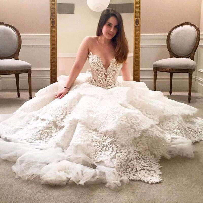 Lace Tiered Dresses Sheer Neck Sleeveless A E Bridal Gowns With Beading Chain On Back Wedding Dress