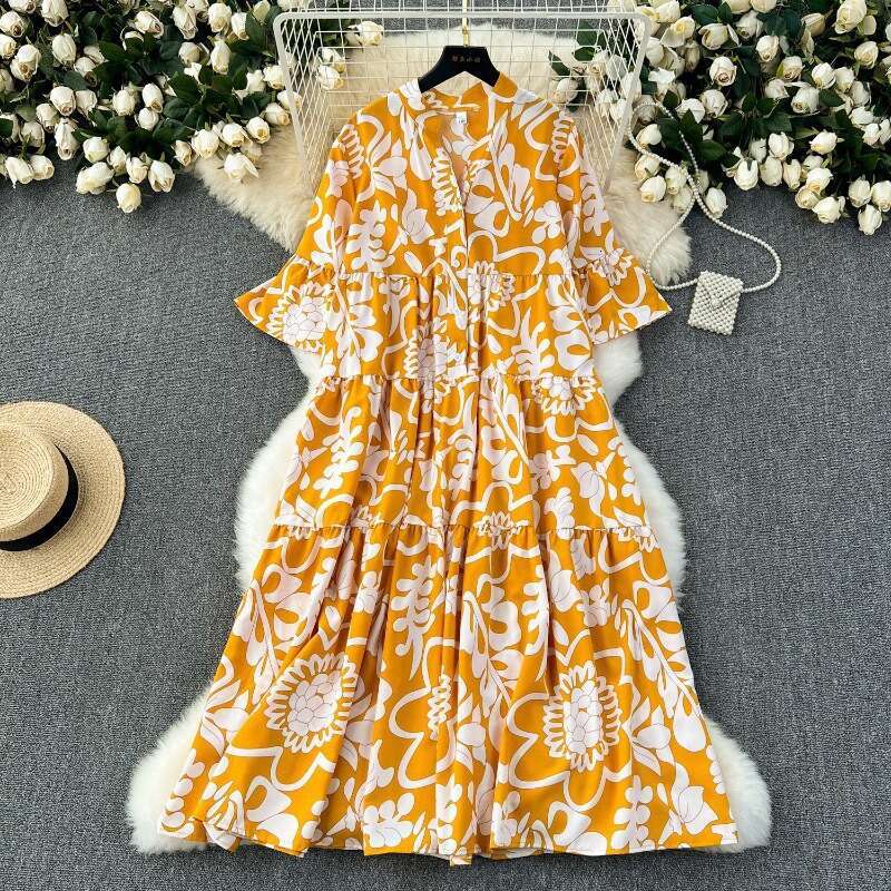 Large Size Womens Clothing, Lazy Loose Printed Dress, Westernized Style, Age Reducing, Slimming Temperament, Covering Flesh and Sagging Feeling, Long 