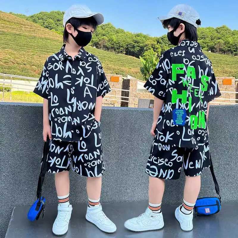 Clothing Sets Boys Clothing Set Summer New Childrens Printed Short sleeved Shirt Shorts 2-piece Set Teenage Boys Sports Set5-14