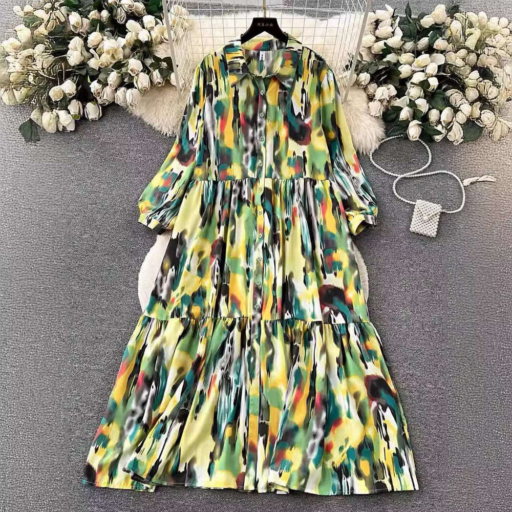 Small High-end Feeling Halo Dyed Printed Dress for Women, Lazy, Casual, Loose and Slimming A-line Large Hem Shirt Skirt Pregnant Womens Dress SKINNY D