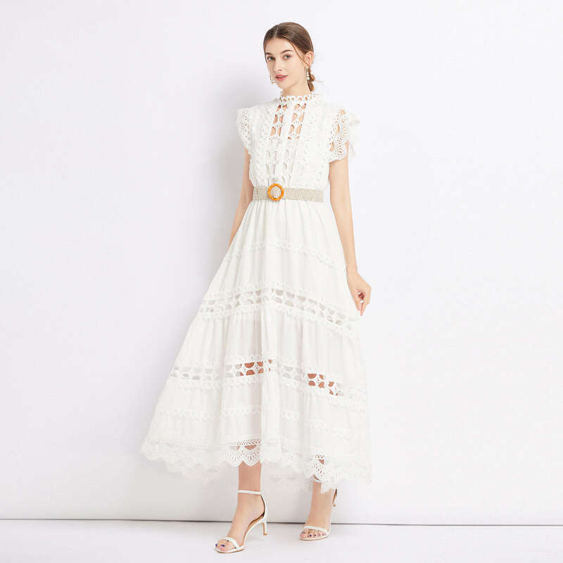 Heavy Industry Design Solid Color Long Fashionable Standing Neck Sleeveless Hollow Out Dress Without Sling Bifurcated Temperament Short BOHO DRESS