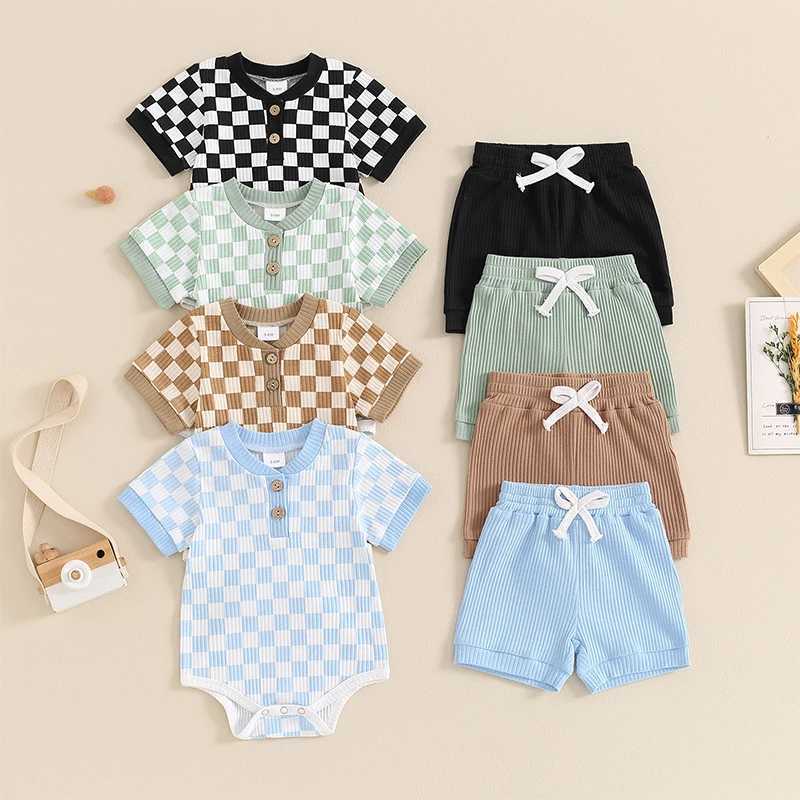 Clothing Sets Summer Newborn Infant Baby Boys Outfits Clothing Checkerboard Buttons Short Sleeve Romper Top and Shorts 2Pcs Clothes Set