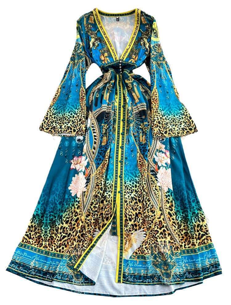 High End Temperament Speaker Sleeved V-neck Waistband Slimming Single Breasted A-line Printed Dress Elegant Long Skirt Short Temperament BOHO DRESS De
