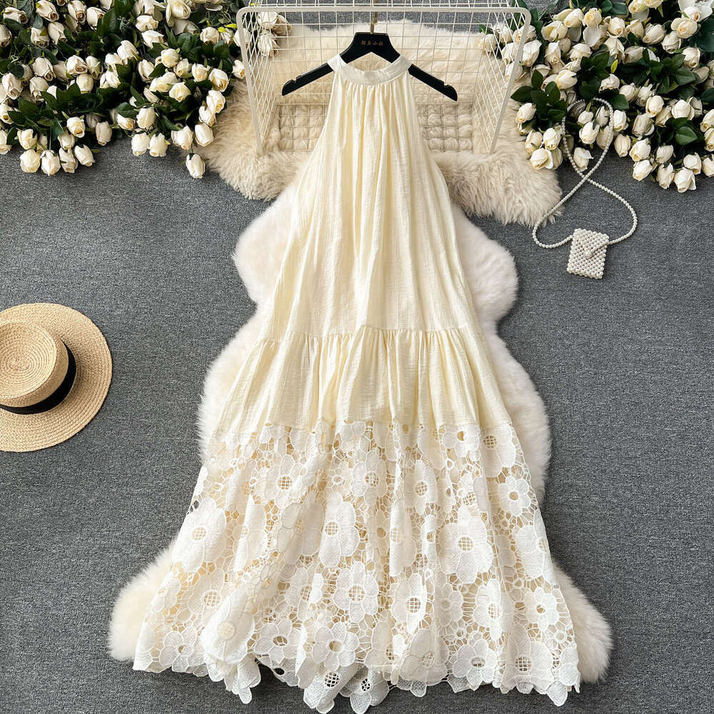 High End Neck Hanging Holiday with A Thousand Gold Style Dress, High-end Light Luxury, Niche Embroidery, Hollowed Out Lace Dress Pregnant Womens Dress