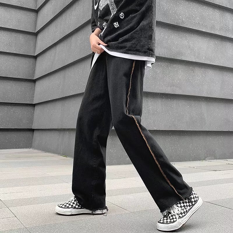 Edge stitched denim jeans for men, high street, CEC trendy brand, street hip-hop, loose fit, BF casual, wide leg, dad pants