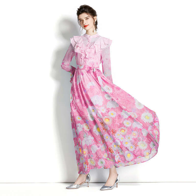 Design-2023 Early Spring Stand Up Collar, Ruffle Edge, Flare Sleeves, Long Printed Dress Fishtail Dress Self-cultivation Sexy Oversize Dress SKINNY DR