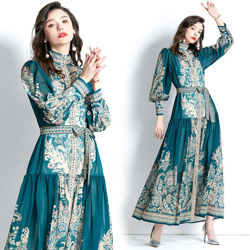 2023 Spring Long Sleeved Vacation Style Stand Up Neck Lantern Sleeves Wave Edge Printed Temperament Dress Loose Pregnant Womens Dress Round Neck Dress