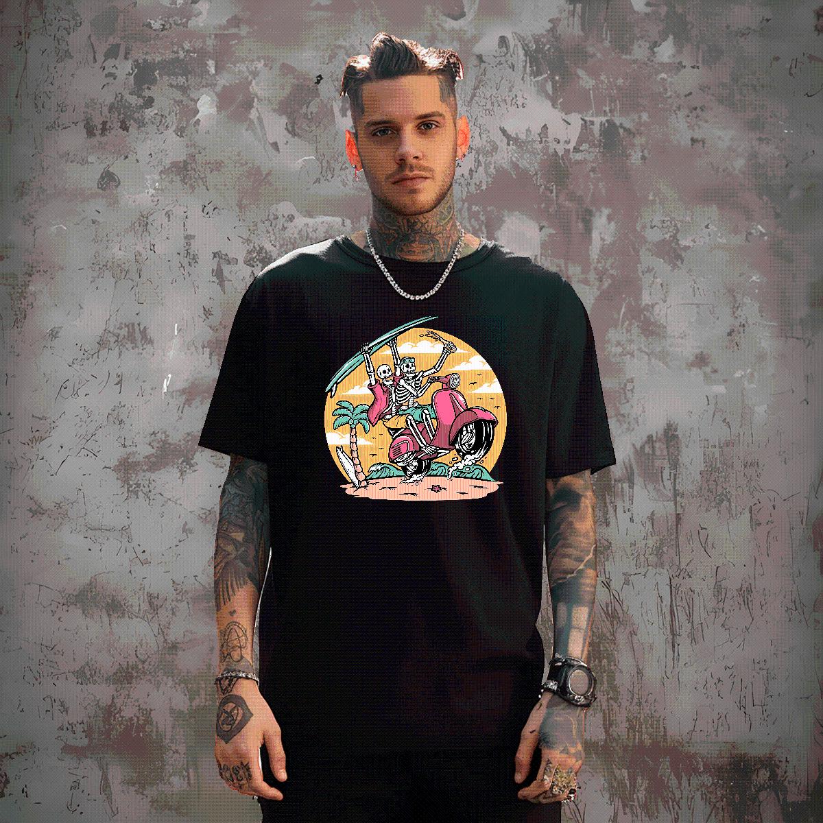 Classic Men T Shirts Skeleton 100% Cotton 230g Plus Size Cartoon Casual Beach Men Clothes T-Shirt Breathable Crew Neck Soft