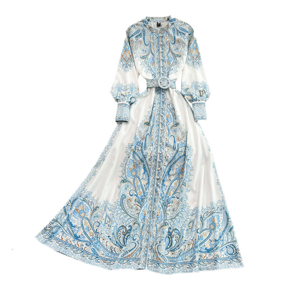 Palace Style Printed Long Sleeved Waist Cinched Single Breasted Lantern Sleeve A-line Large Hem Elegant Formal Dress Temperament Denim Dress SKINNY DR